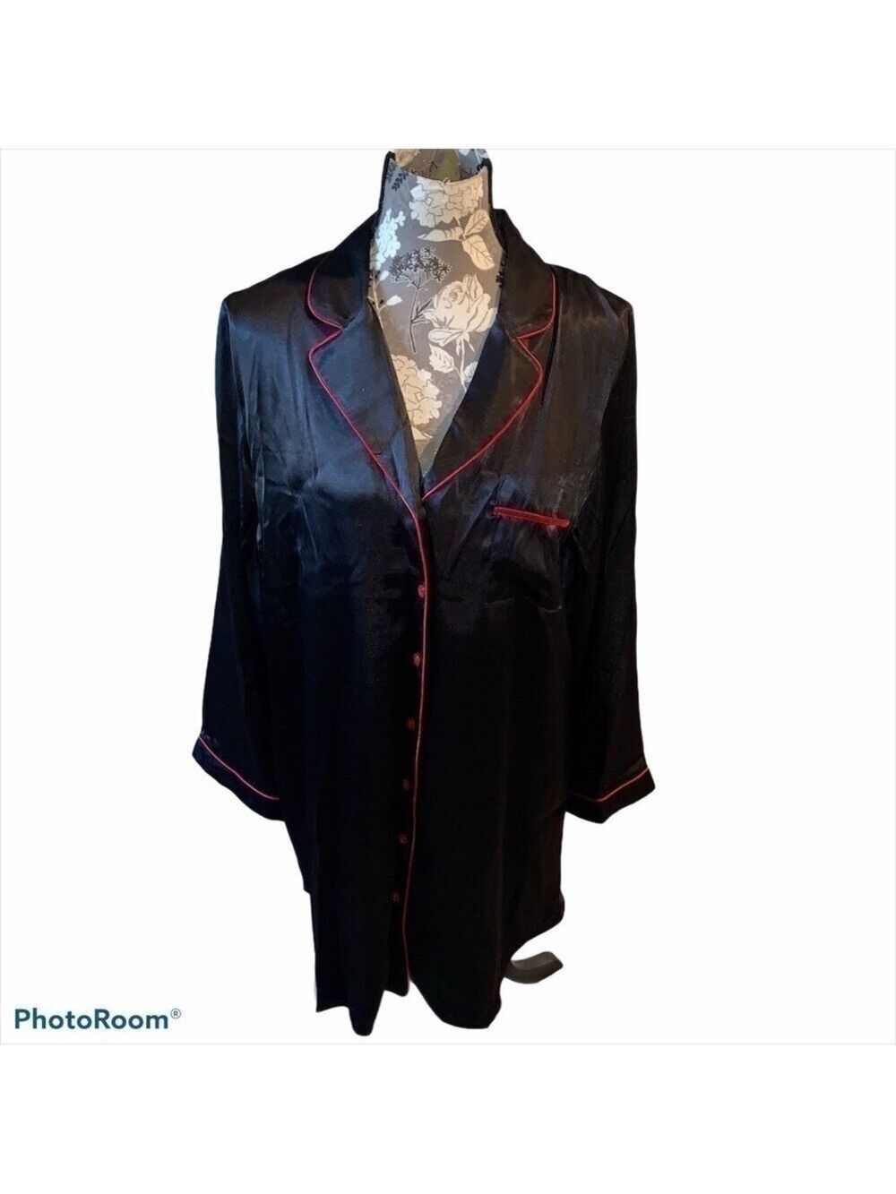 JONQUIL Black Satin Nightshirt w/ Red Trim size large